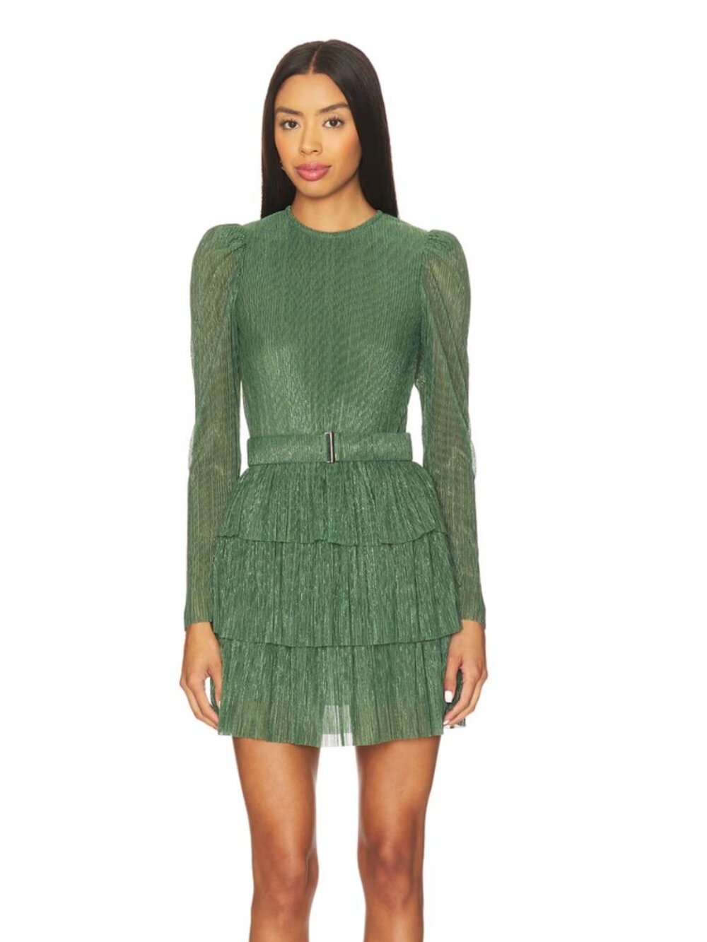 NEW Sabina Musayev Monique Mini Dress in Fern Green Metallic Sheer Long Sleeve